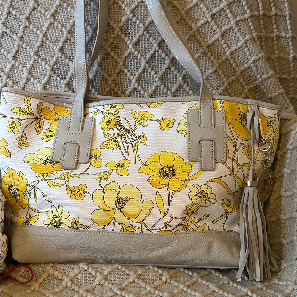 Isaac Mizrahi Yellow Floral Tote with Leather Cream Straps and Tassel